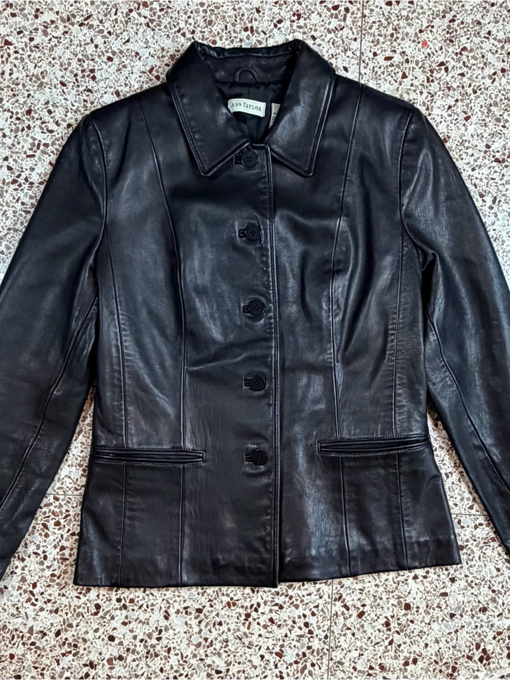 Ann Taylor Black Leather Mid-Length Collared Button Jacket Women's Size S
